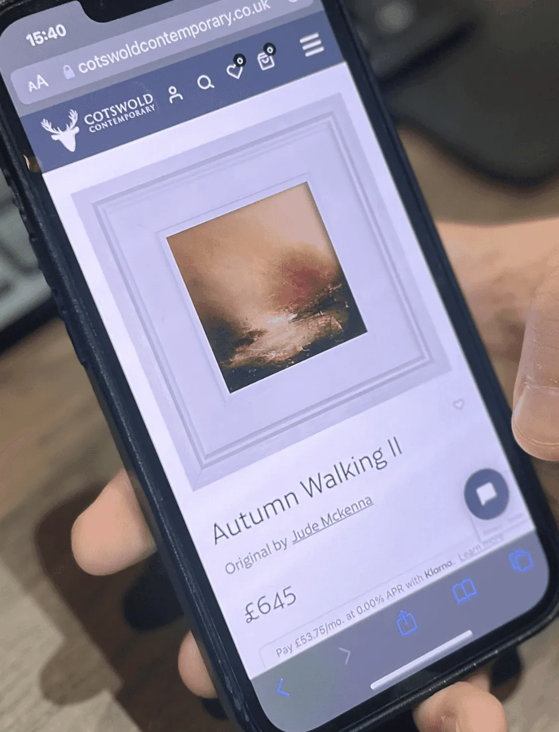 Mobile phone displaying art for sale on Cotswold Contemporary website.